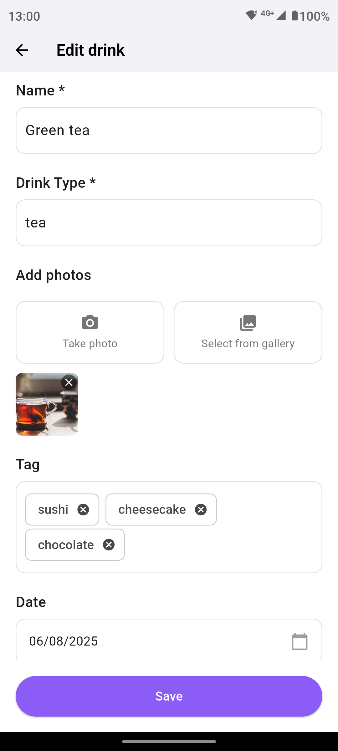 The edit screen of a drink journal app that let you edit all the information saved about a tracked drink