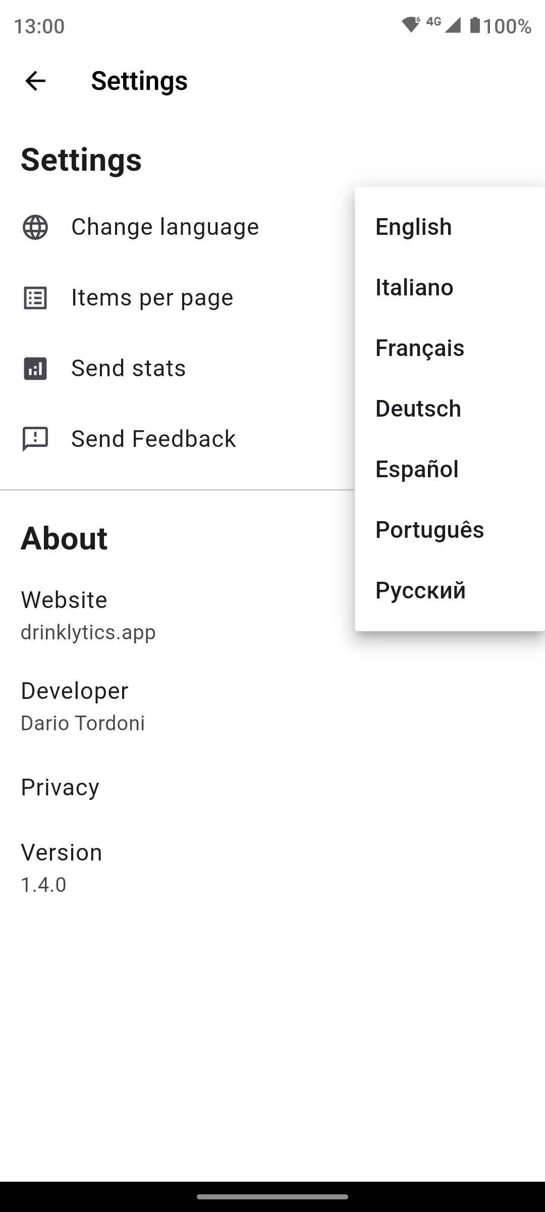 The settings screen of a drink journal app that let you change the language of the app.