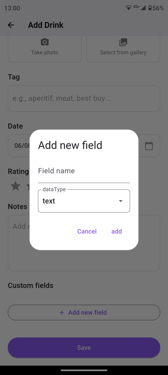 The drink tasting notes app funcionality that let people ad custom fields to any tracked drink
