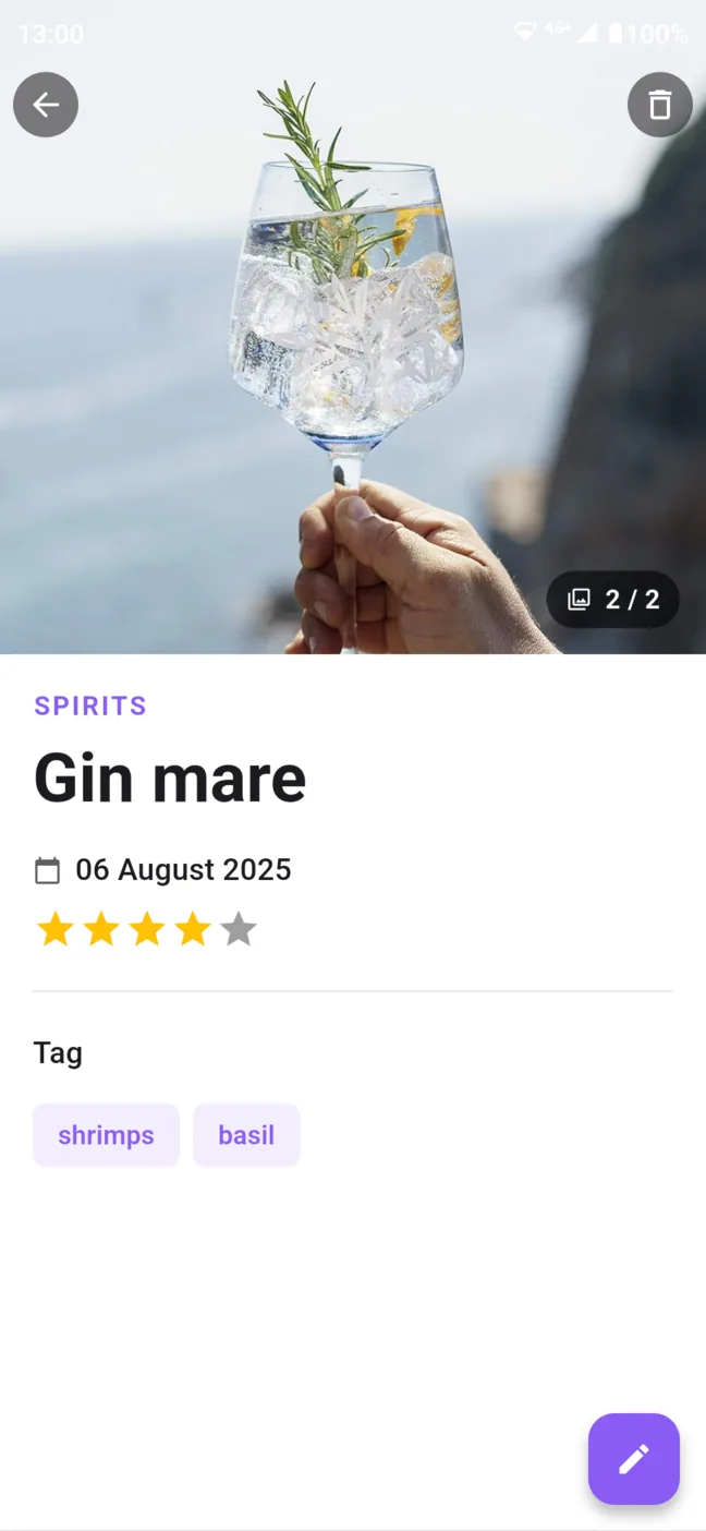 The screen of an app used as a spirit tasting notes app, with the detail of the spirit