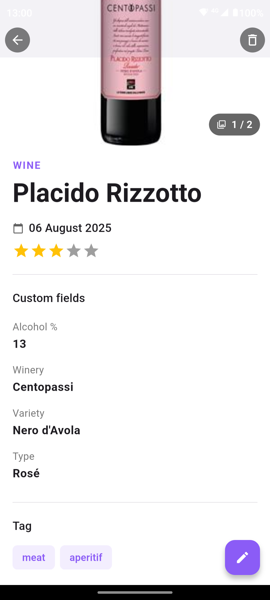 The screen of an app used as a wine tasting notes app, with the detail of the wine