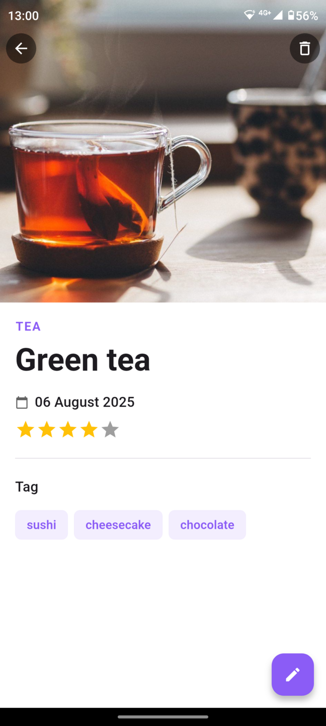 The screen of an app used as a tea tasting notes app, with the detail of the tea