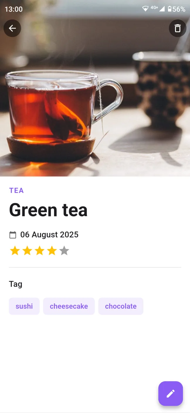 The screen of an app used as a tea tasting notes app, with the detail of the tea