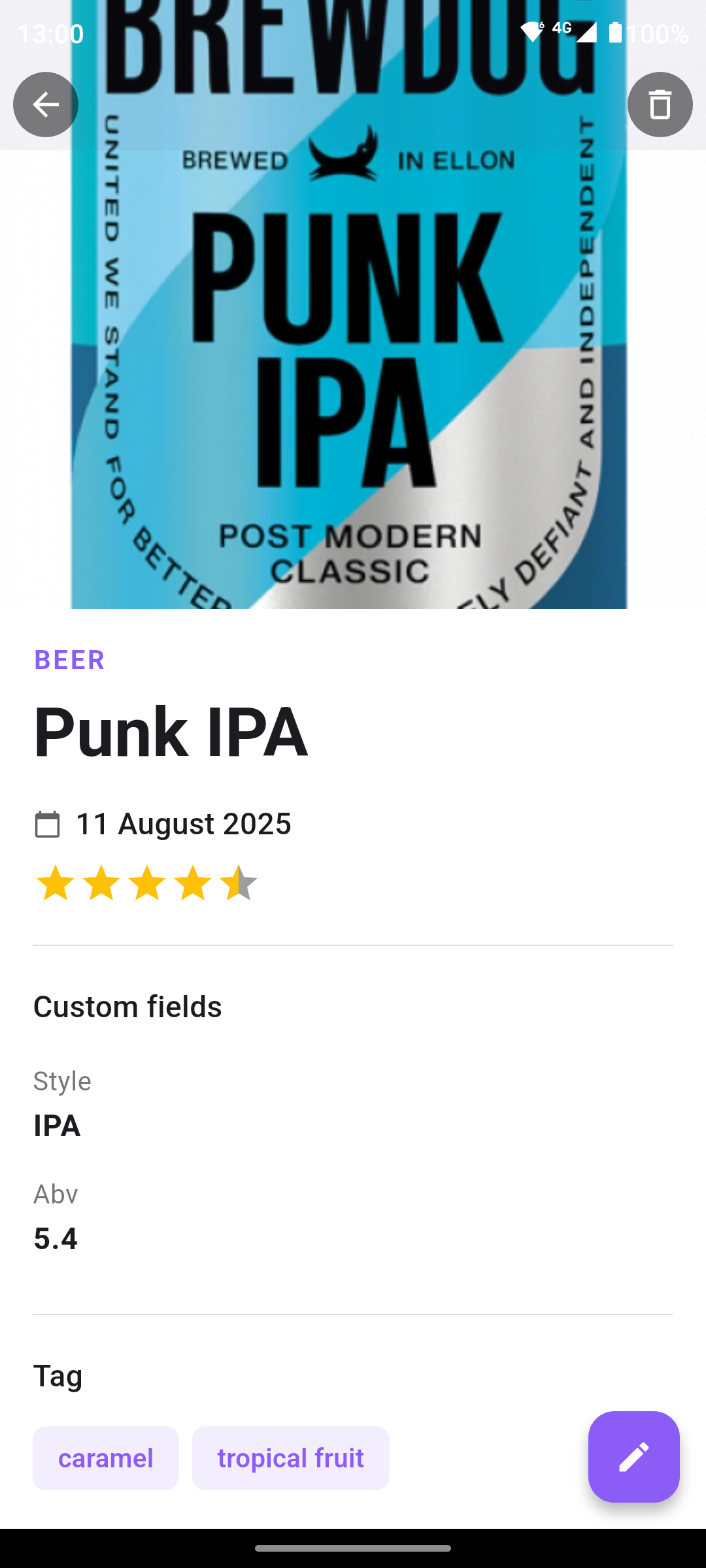 The screen of an app used as a beer tasting notes app, with the detail of the beer