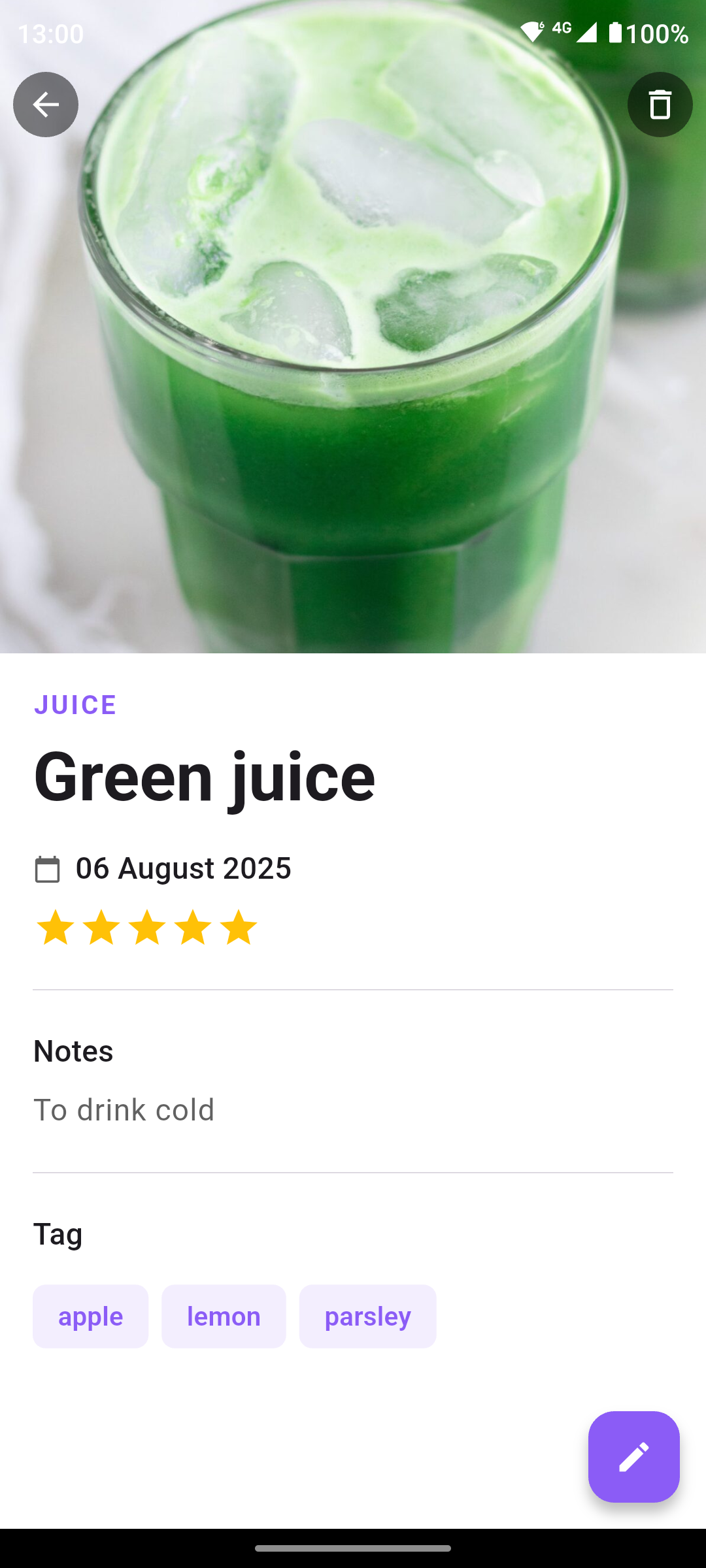 The screen of an app used as a juice tasting notes app, with the detail of the juice