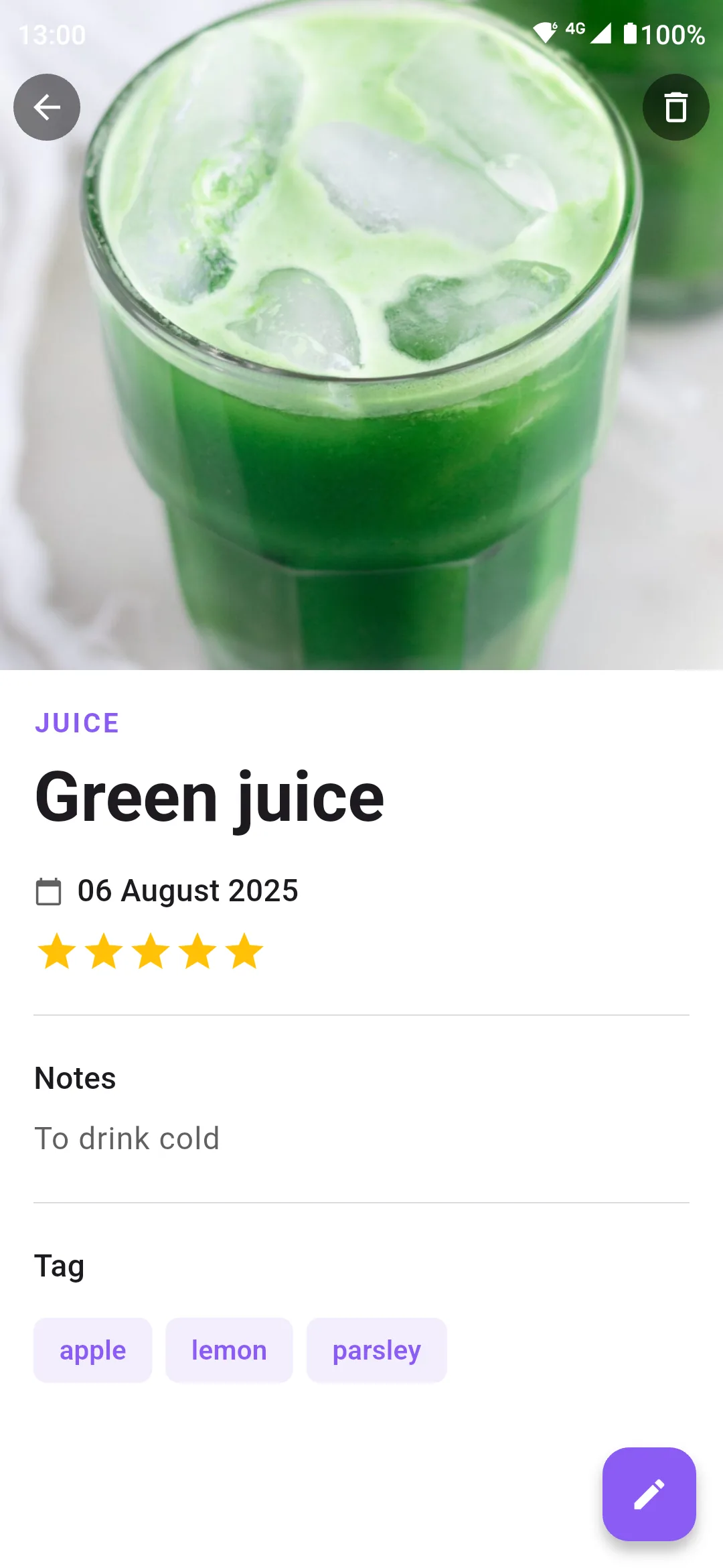 The screen of an app used as a juice tasting notes app, with the detail of the juice