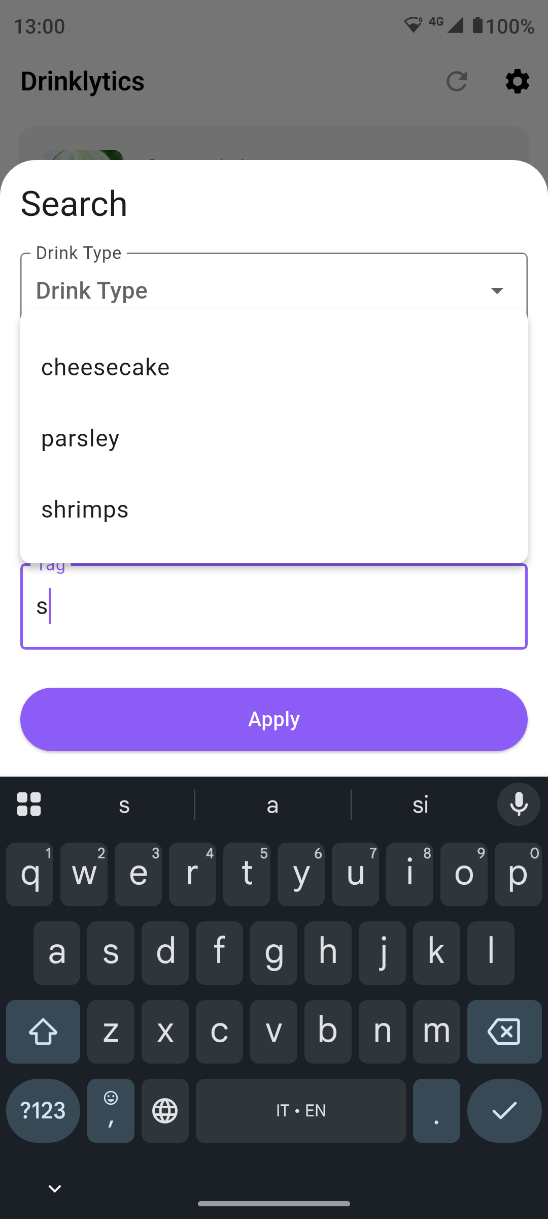 The specific funcionality that let people search for custom tags inside this drink tracker app
