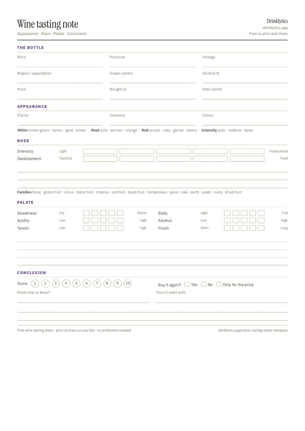 The first page of the free wine tasting notes template, showing sections for the bottle, appearance, nose, palate and conclusion
